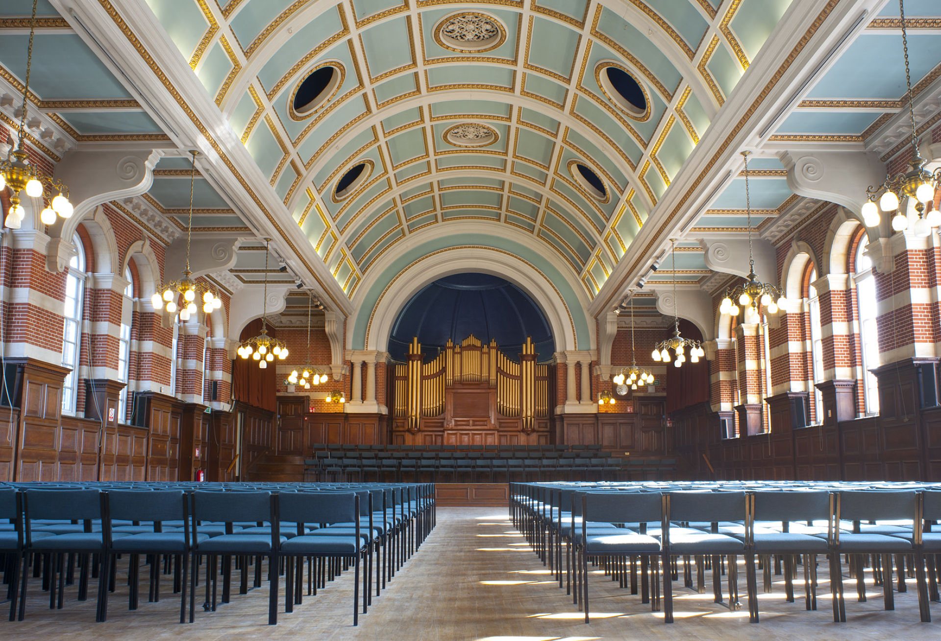 A photo of chairs setup for a concert at the Great Hall