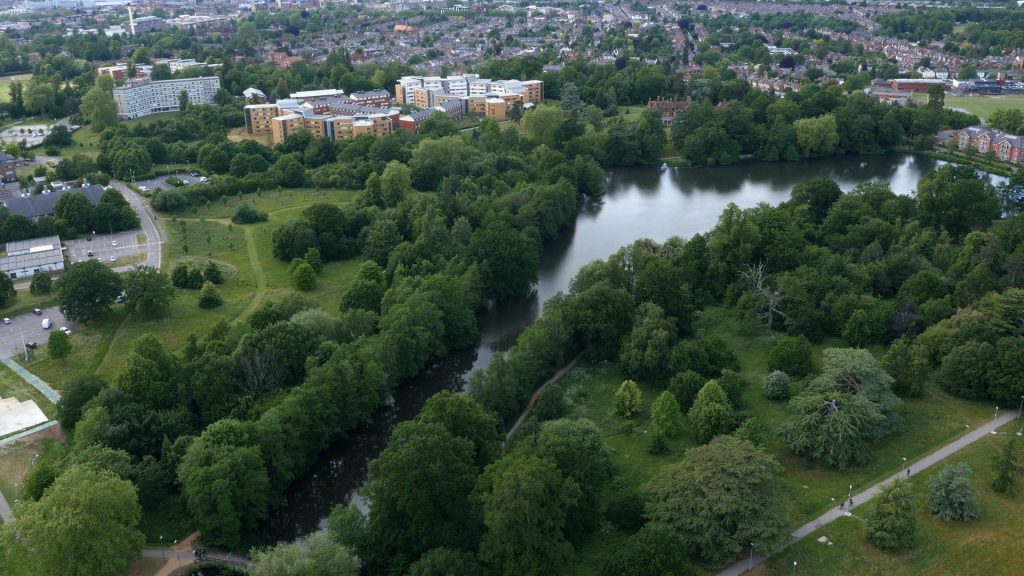 An aerial view of Whiteknights campus lake